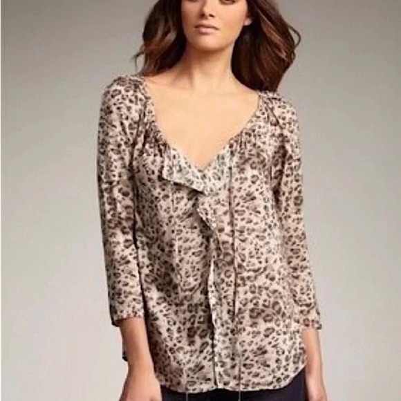 REBECCA TAYLOR Animal Print Boho Blouse 3/4 Sleeve Taupe Top size 4 - Picture 1 of 4